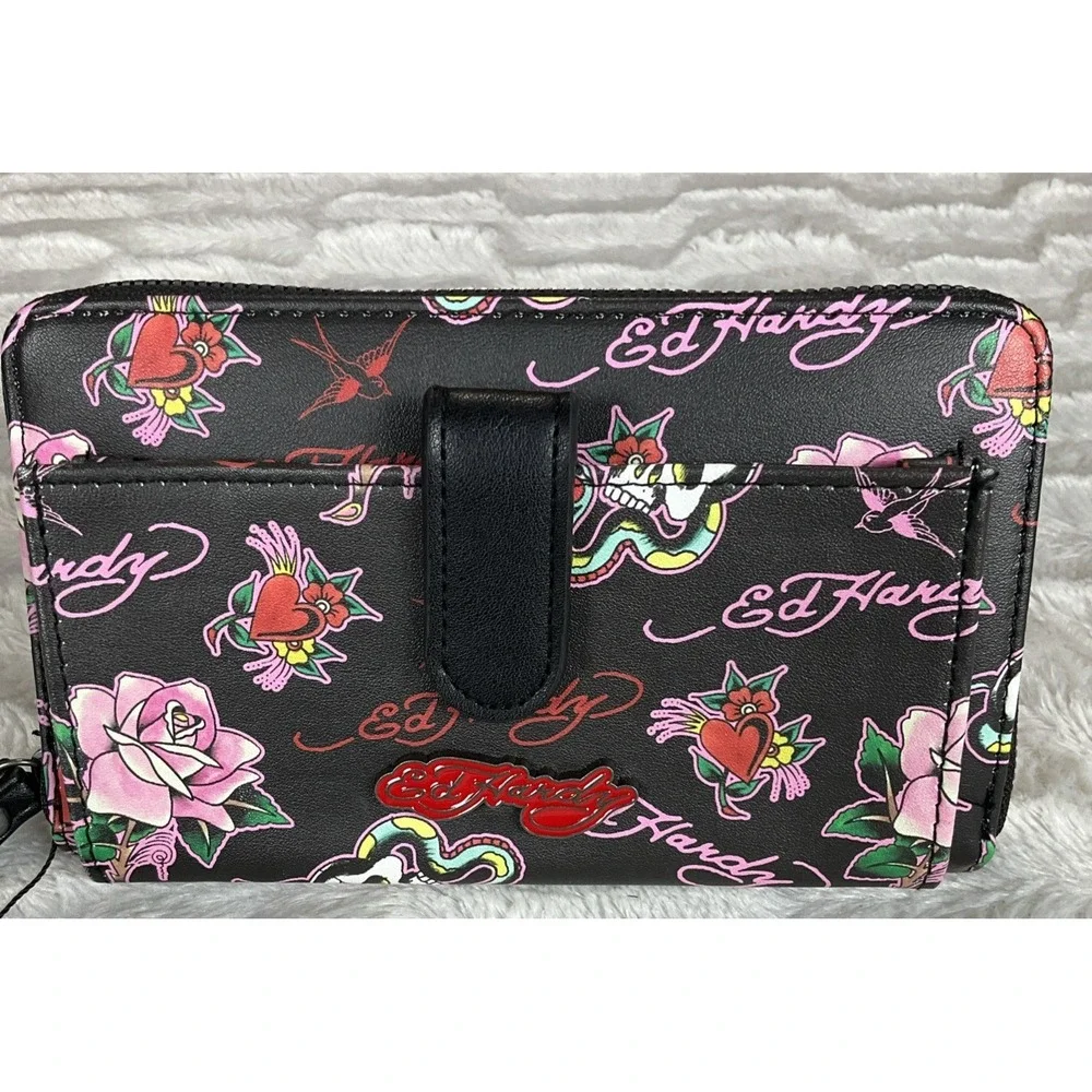 Ed Hardy Women's Zip Around Wallet Black Pink Hearts Roses Skull Tattoos Y2K NWT